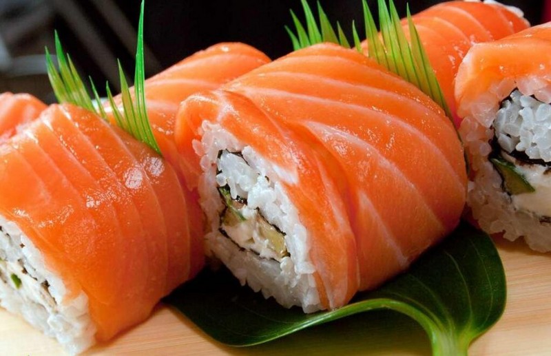 Delicious pictures of cheese, salmon, and sushi
