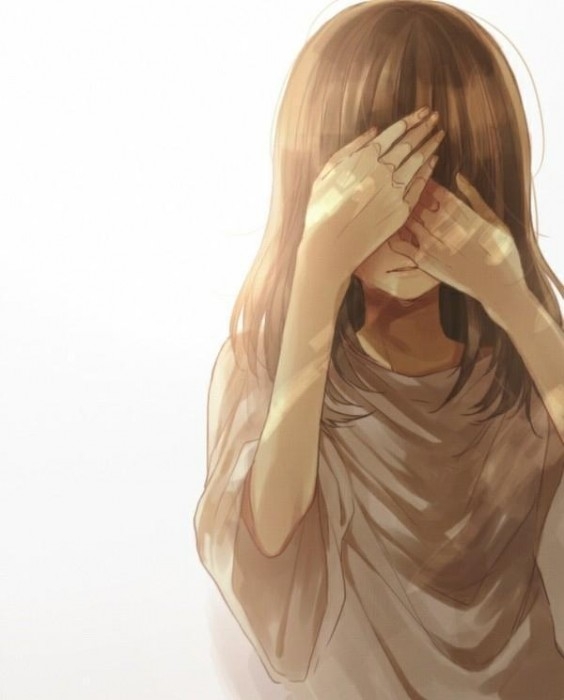 Cute cartoon beauty with long hair crying