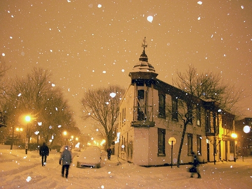 A beautiful and fresh snow scene in a city with heavy snowfall