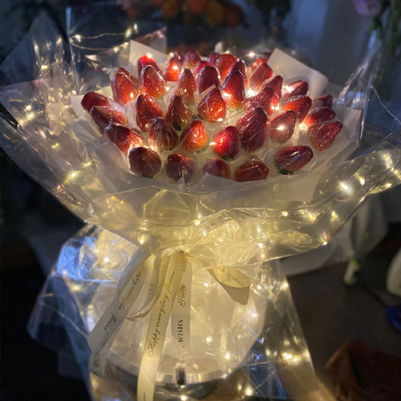 The very romantic picture of the first strawberry bouquet in winter is real. Strawberries are only in my mouth but you are in my heart.