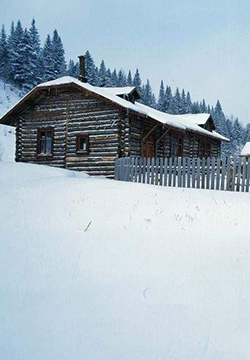 Snowy day wooden house scenery picture material