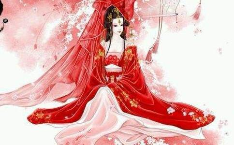 Beautiful pictures of women in red clothes in ancient style. Use a door to shut up a woman's love.